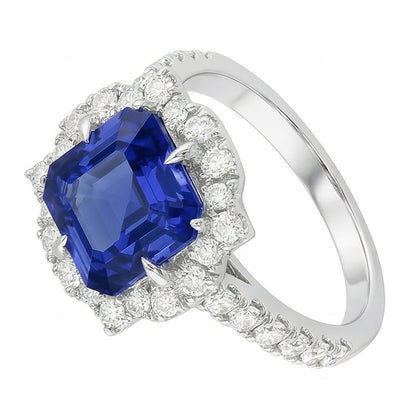 Natural Real ( Not Lab Grown )  Halo Sapphire Engagement Ring Flower Style Asscher Cut 3.50 Carats