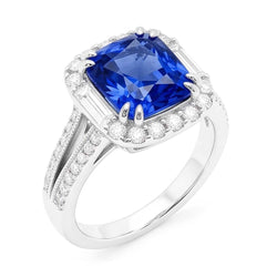 Natural Real ( Not Lab Grown )  Halo Sapphire Ring Baguette & Round Accents 4.50 Carats Split Shank