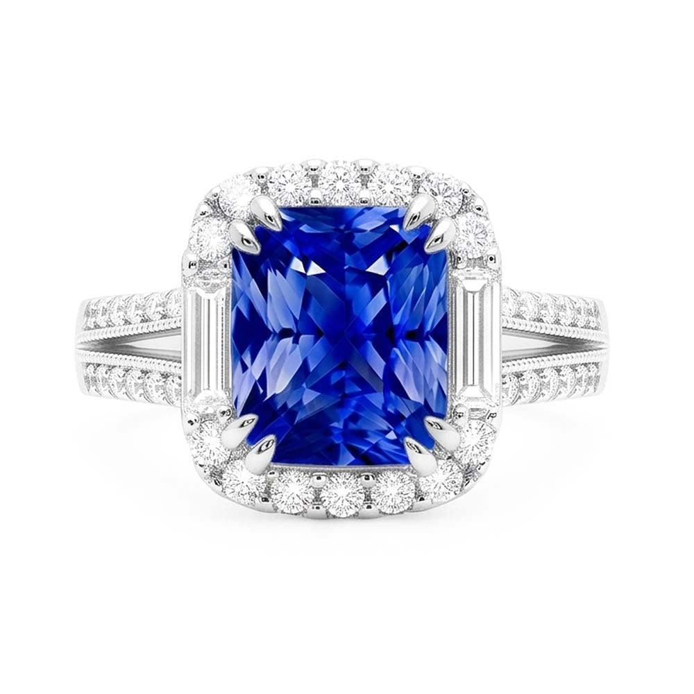 Natural Real ( Not Lab Grown )  Halo Sapphire Ring Baguette & Round Accents 4.50 Carats Split Shank