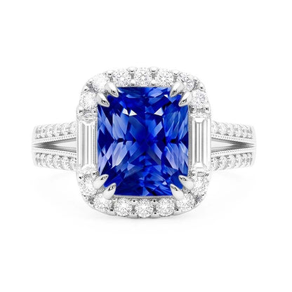 Natural Real ( Not Lab Grown )  Halo Sapphire Ring Baguette & Round Accents 4.50 Carats Split Shank