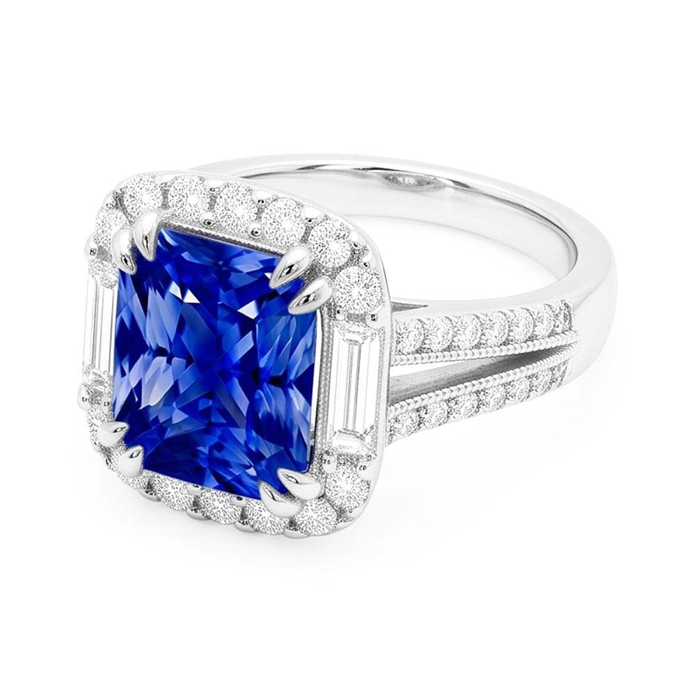 Natural Real ( Not Lab Grown )  Halo Sapphire Ring Baguette & Round Accents 4.50 Carats Split Shank