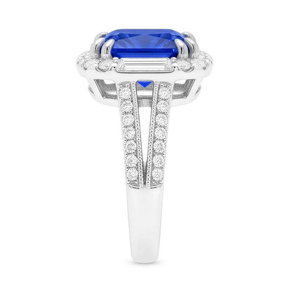 Natural Real ( Not Lab Grown )  Halo Sapphire Ring Baguette & Round Accents 4.50 Carats Split Shank