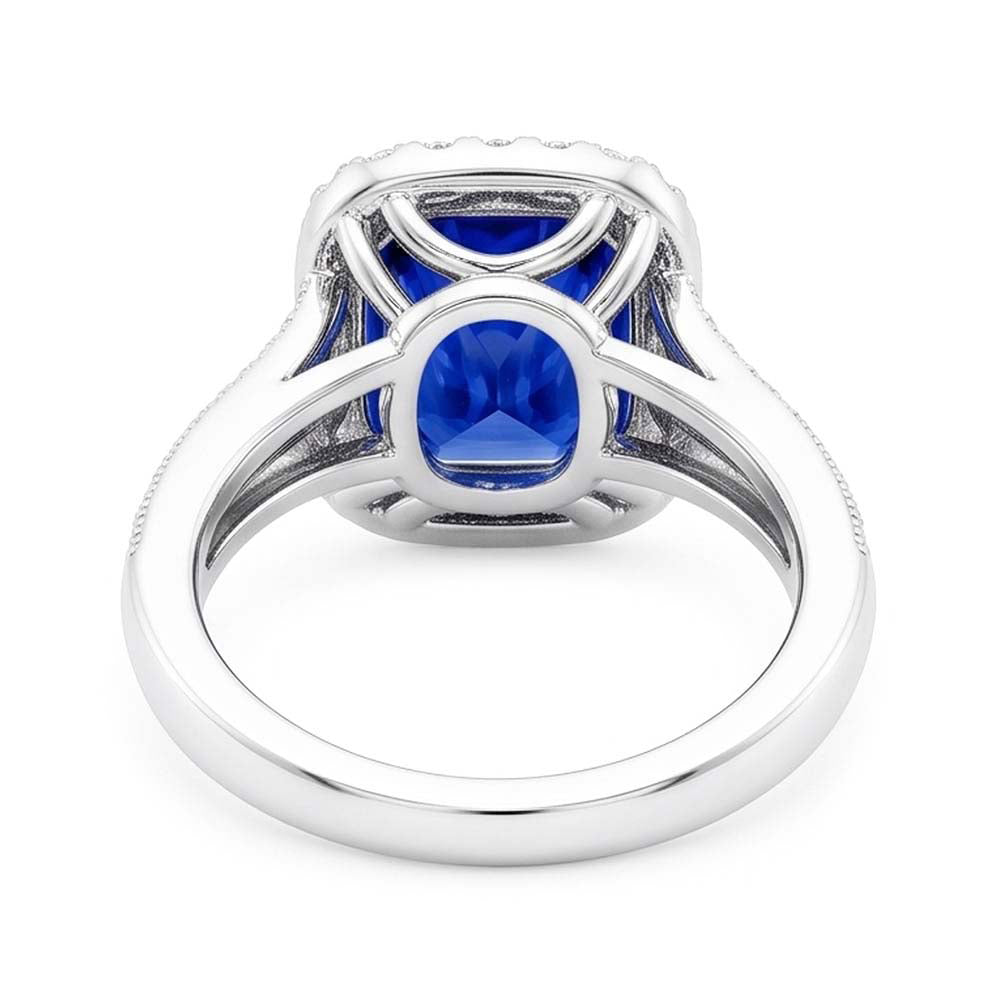 Natural Real ( Not Lab Grown )  Halo Sapphire Ring Baguette & Round Accents 4.50 Carats Split Shank