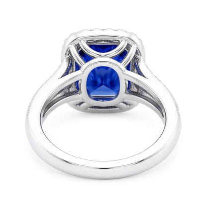 Natural Real ( Not Lab Grown )  Halo Sapphire Ring Baguette & Round Accents 4.50 Carats Split Shank
