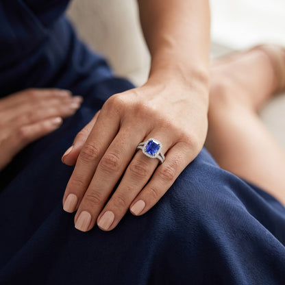 Natural Real ( Not Lab Grown )  Halo Sapphire Ring Baguette & Round Accents 4.50 Carats Split Shank