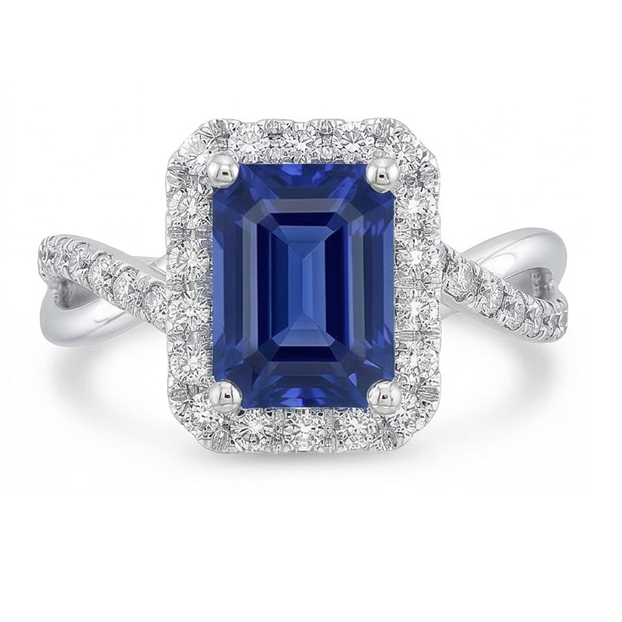 Natural Real ( Not Lab Grown )  Halo Wedding Ring Emerald Blue Sapphire Gold Twisted Shank 3.50 Carats