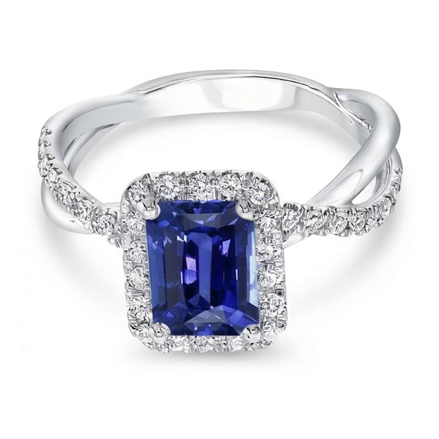 Natural Real ( Not Lab Grown )  Halo Wedding Ring Emerald Blue Sapphire Gold Twisted Shank 3.50 Carats