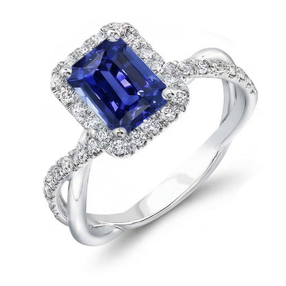 Natural Real ( Not Lab Grown )  Halo Wedding Ring Emerald Blue Sapphire Gold Twisted Shank 3.50 Carats