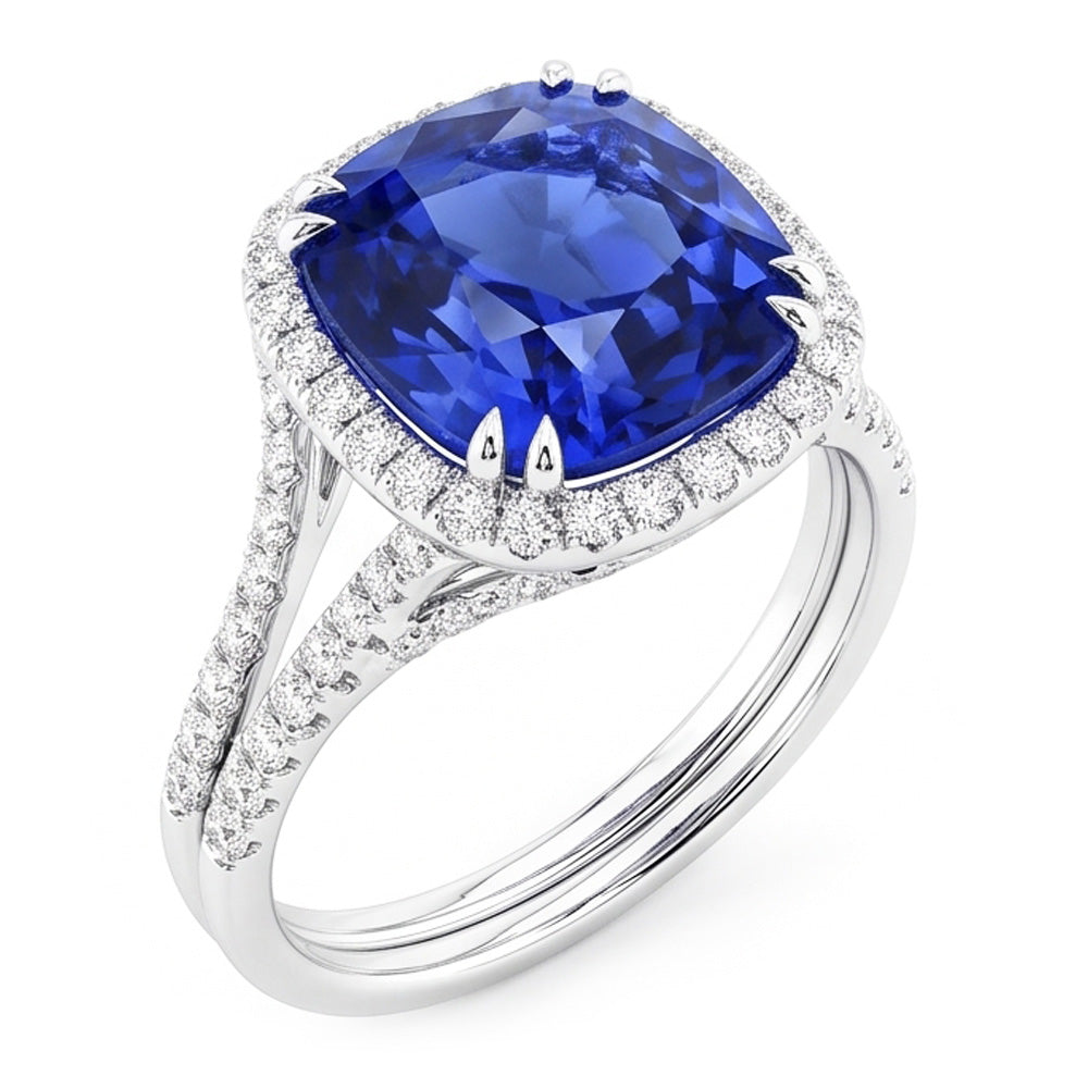 Natural Real ( Not Lab Grown )  Halo Wedding Ring Set Cushion Sapphire Split Shank Jewelry 6 Carats
