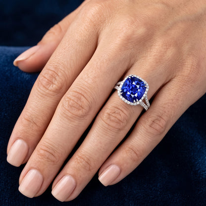Natural Real ( Not Lab Grown )  Halo Wedding Ring Set Cushion Sapphire Split Shank Jewelry 6 Carats