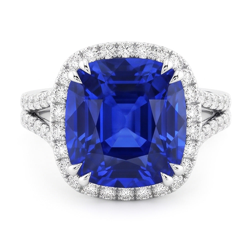 Natural Real ( Not Lab Grown )  Halo Wedding Ring Set Cushion Sapphire Split Shank Jewelry 6 Carats