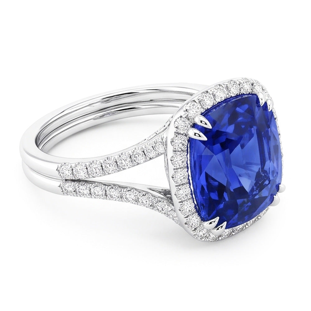 Natural Real ( Not Lab Grown )  Halo Wedding Ring Set Cushion Sapphire Split Shank Jewelry 6 Carats