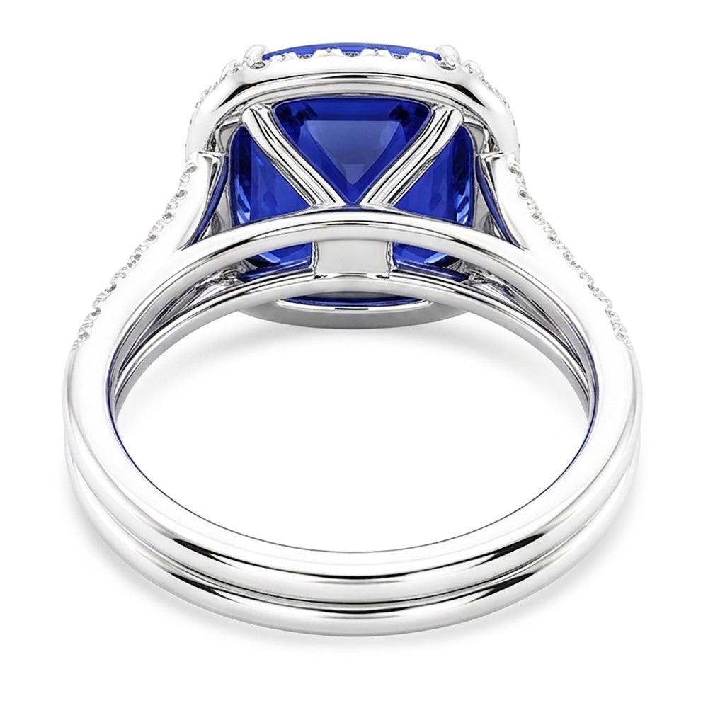 Natural Real ( Not Lab Grown )  Halo Wedding Ring Set Cushion Sapphire Split Shank Jewelry 6 Carats
