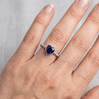 Natural Real ( Not Lab Grown )  Heart Solitaire Blue Sapphire Ring Bezel Set 1.50 Carats Rope Style