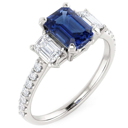 Natural Real ( Not Lab Grown )  Ladies 3 Stone Ring With Accents Emerald Ceylon Sapphire 4 Carats