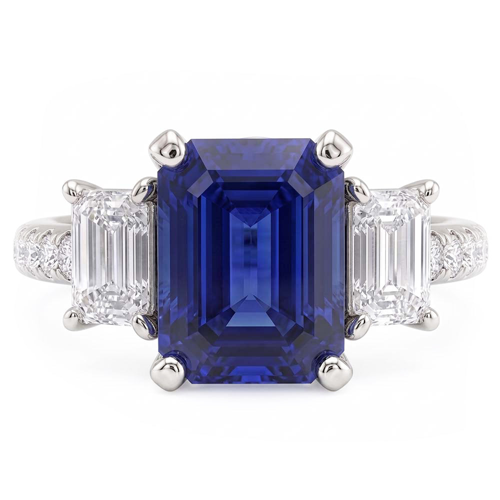 Natural Real ( Not Lab Grown )  Ladies 3 Stone Ring With Accents Emerald Ceylon Sapphire 4 Carats