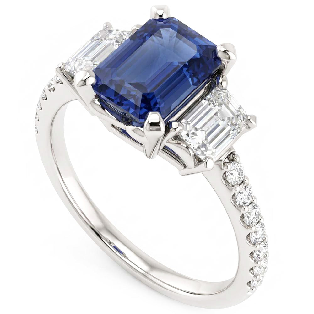 Natural Real ( Not Lab Grown )  Ladies 3 Stone Ring With Accents Emerald Ceylon Sapphire 4 Carats