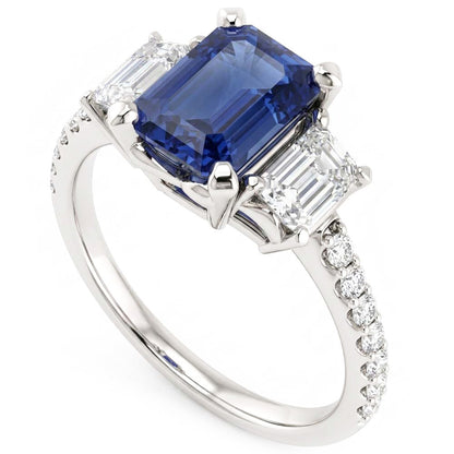 Natural Real ( Not Lab Grown )  Ladies 3 Stone Ring With Accents Emerald Ceylon Sapphire 4 Carats