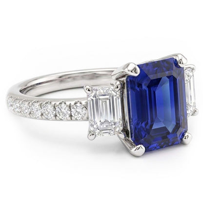 Natural Real ( Not Lab Grown )  Ladies 3 Stone Ring With Accents Emerald Ceylon Sapphire 4 Carats