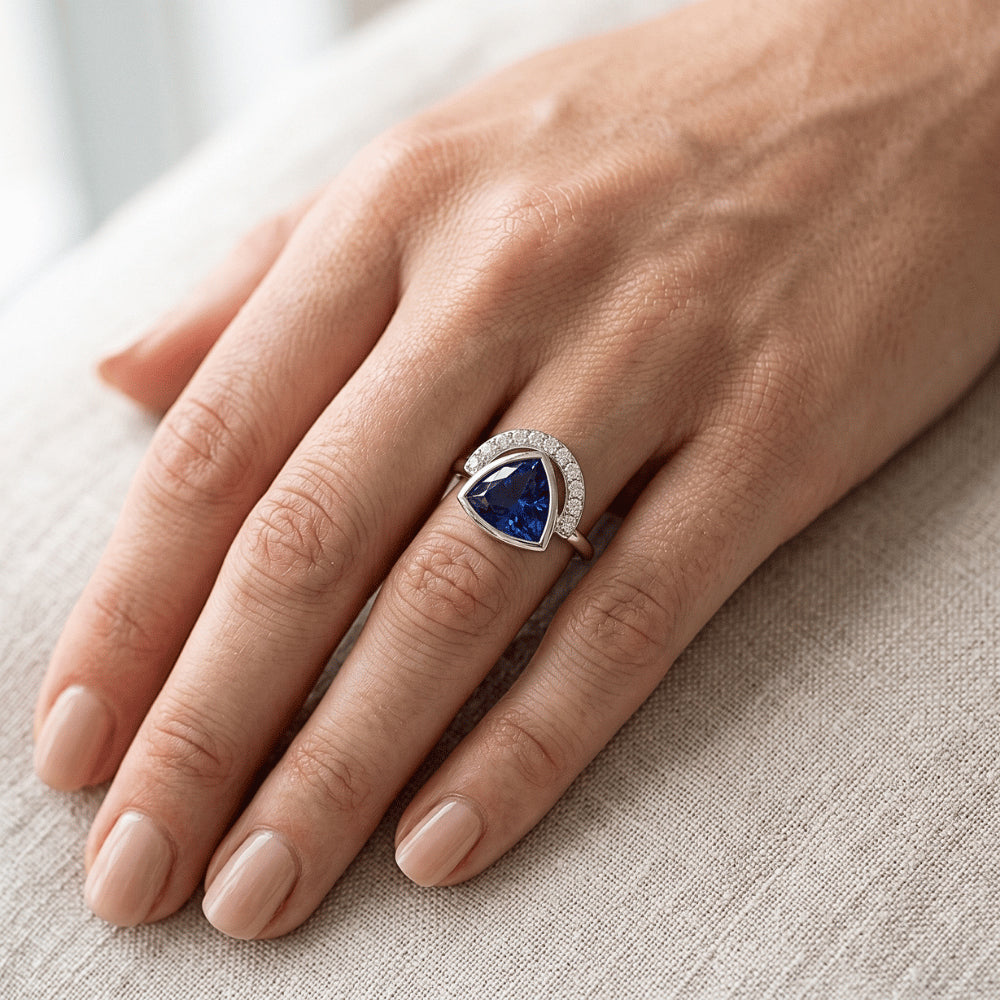Natural Real ( Not Lab Grown )  Ladies Gemstone Jewelry Trillion Bezel Set Blue Sapphire Ring 2 Carats