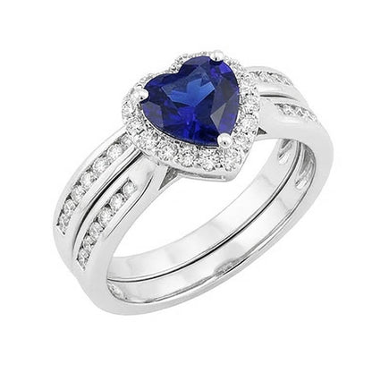 Natural Real ( Not Lab Grown )  Ladies Halo Wedding Ring Set Heart Cut Sri Lankan Sapphire 3.50 Carats