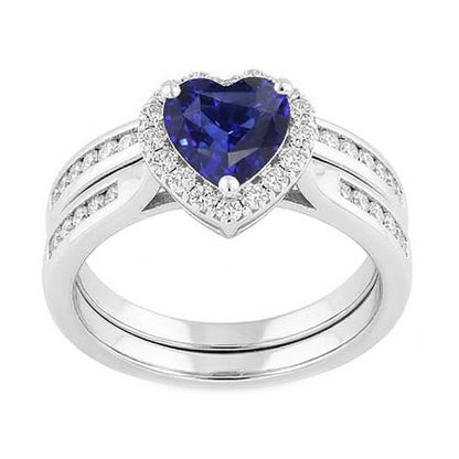 Natural Real ( Not Lab Grown )  Ladies Halo Wedding Ring Set Heart Cut Sri Lankan Sapphire 3.50 Carats