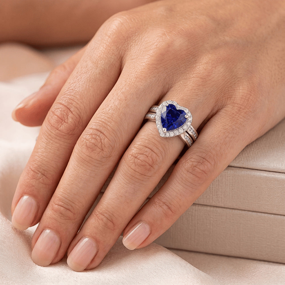 Natural Real ( Not Lab Grown )  Ladies Halo Wedding Ring Set Heart Cut Sri Lankan Sapphire 3.50 Carats
