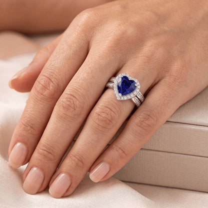 Natural Real ( Not Lab Grown )  Ladies Halo Wedding Ring Set Heart Cut Sri Lankan Sapphire 3.50 Carats