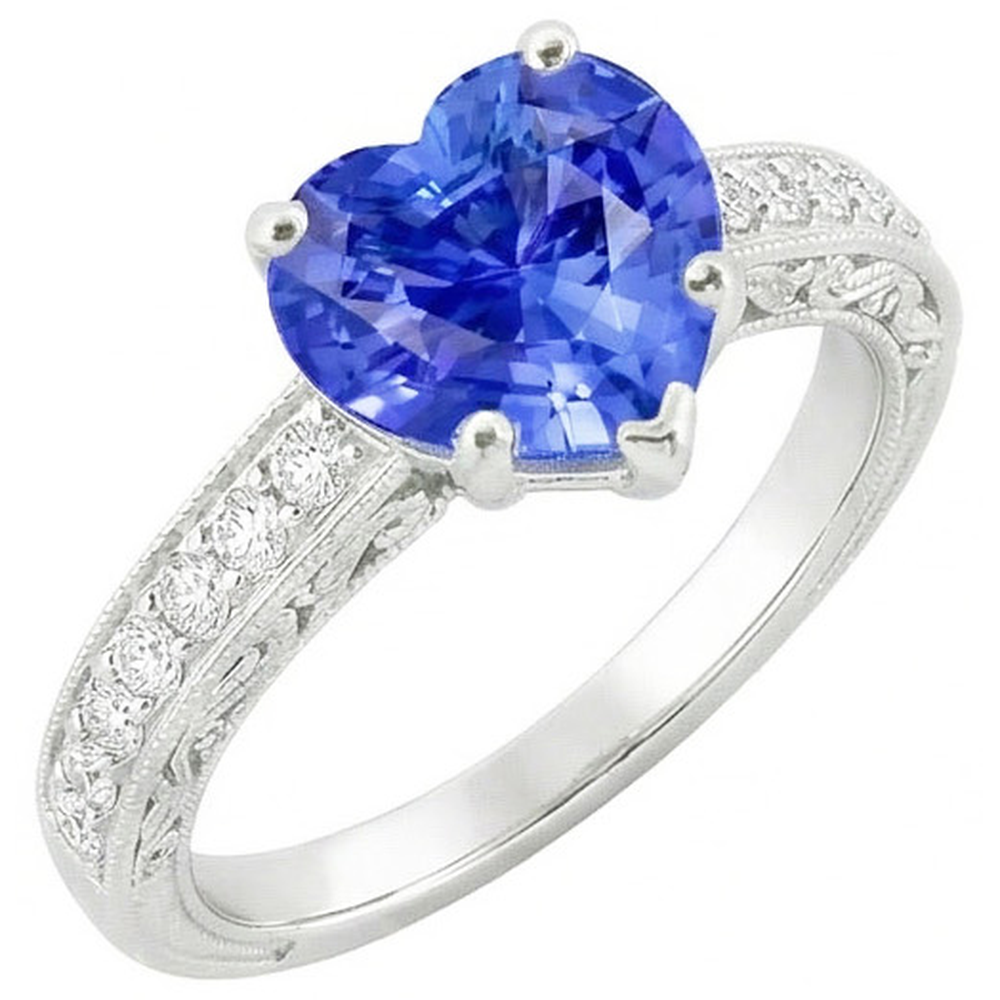 Natural Real ( Not Lab Grown )  Ladies Solitaire Heart Blue Sapphire Ring With Accents 2 Carats