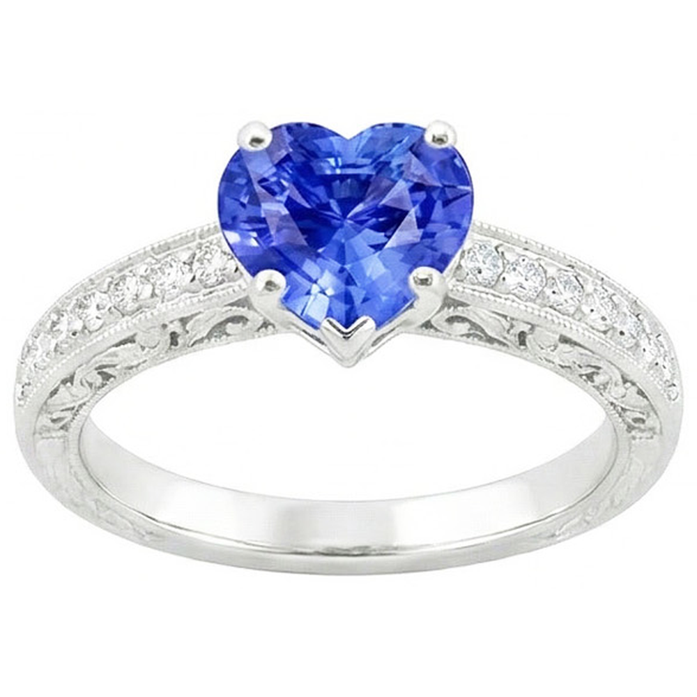Natural Real ( Not Lab Grown )  Ladies Solitaire Heart Blue Sapphire Ring With Accents 2 Carats