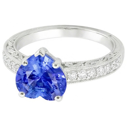 Natural Real ( Not Lab Grown )  Ladies Solitaire Heart Blue Sapphire Ring With Accents 2 Carats
