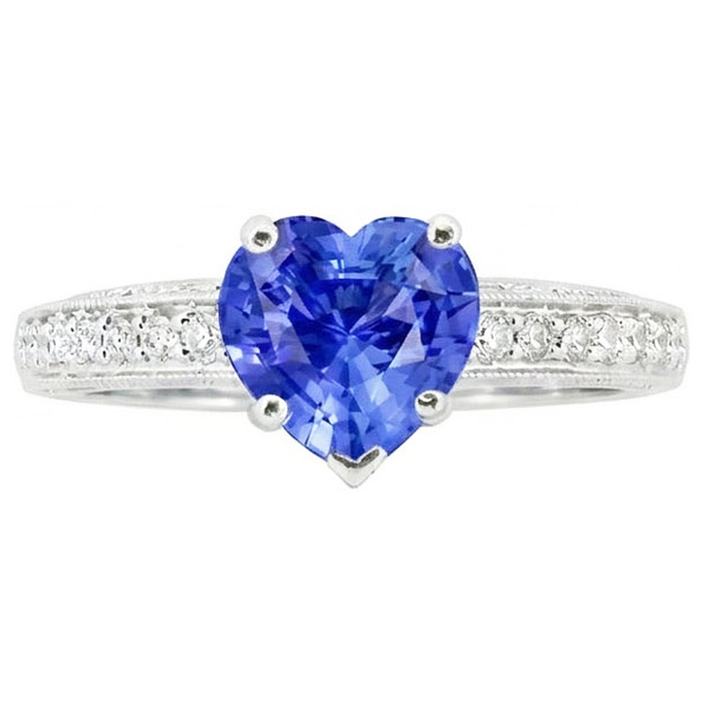 Natural Real ( Not Lab Grown )  Ladies Solitaire Heart Blue Sapphire Ring With Accents 2 Carats