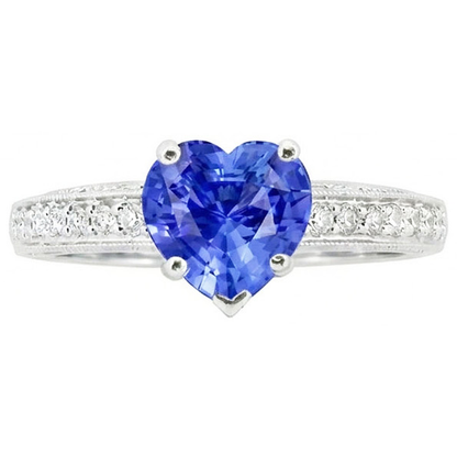 Natural Real ( Not Lab Grown )  Ladies Solitaire Heart Blue Sapphire Ring With Accents 2 Carats