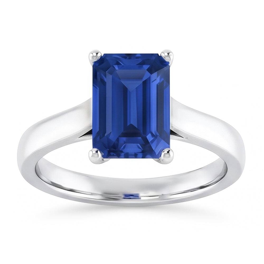 Natural Real ( Not Lab Grown )  Ladies Solitaire Ring Emerald Blue Sapphire 2 Carats 14K White Gold