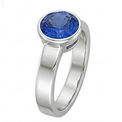 Natural Real ( Not Lab Grown )  Mens Solitaire Ring Bezel Set Round Blue Sapphire 2 Carat Thick Shank