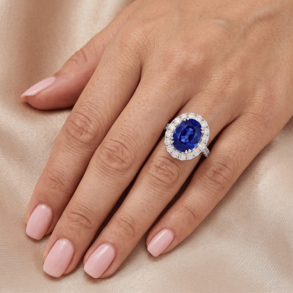 Natural Real ( Not Lab Grown )  Oval 6 Carat Halo Sapphire Engagement Ring