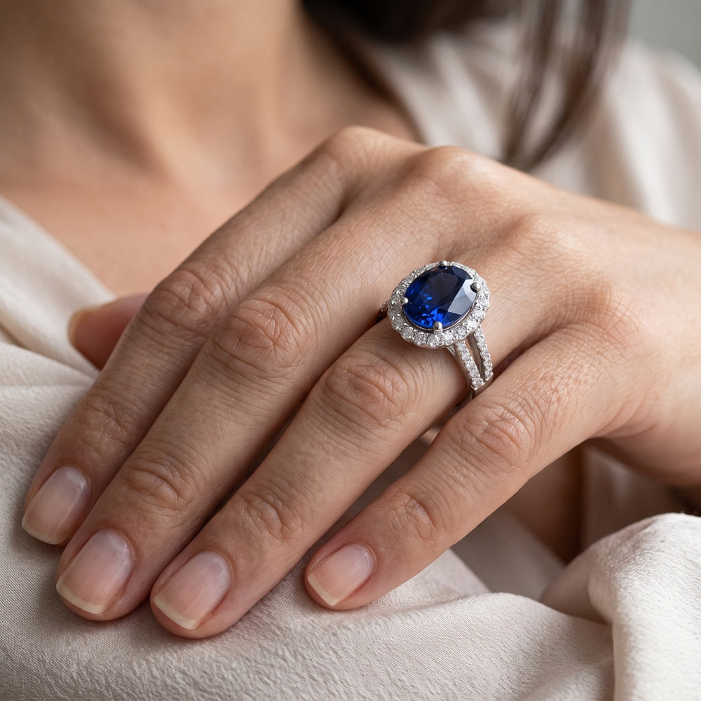 Natural Real ( Not Lab Grown )  Oval Cabochon Sapphire Ladies Halo Ring