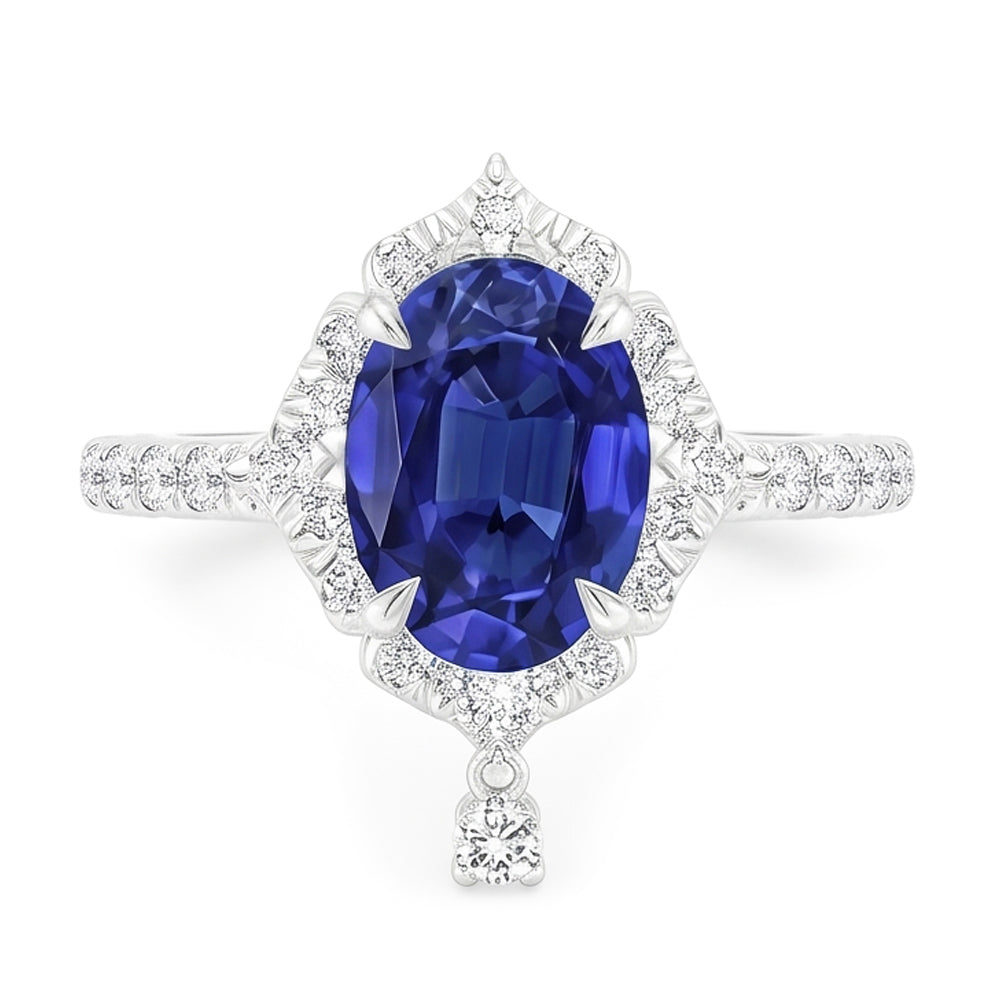 Natural Real ( Not Lab Grown )  Oval Cut Halo Ceylon Sapphire Engagement Ring 5.50 Carats White Gold