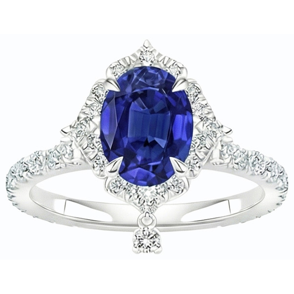 Natural Real ( Not Lab Grown )  Oval Cut Halo Ceylon Sapphire Engagement Ring 5.50 Carats White Gold