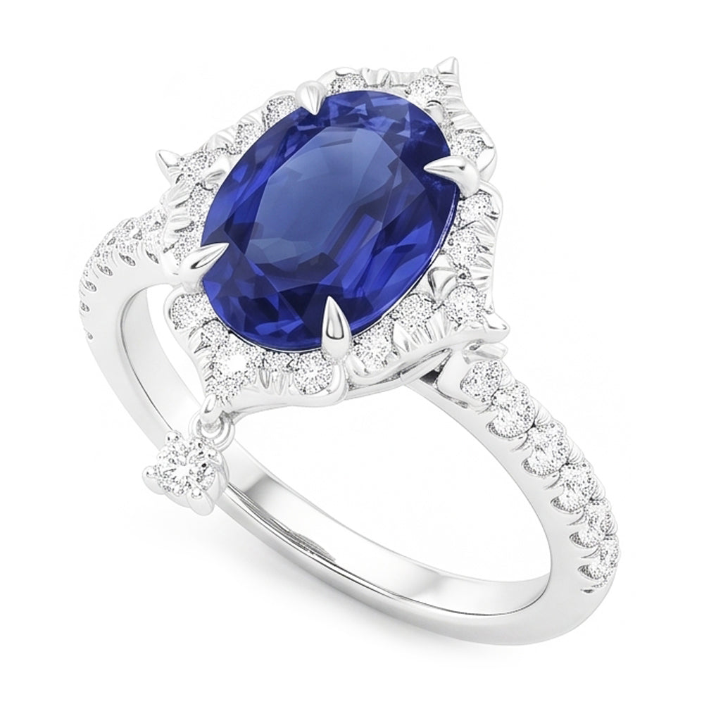 Natural Real ( Not Lab Grown )  Oval Cut Halo Ceylon Sapphire Engagement Ring 5.50 Carats White Gold