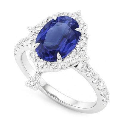 Natural Real ( Not Lab Grown )  Oval Cut Halo Ceylon Sapphire Engagement Ring 5.50 Carats White Gold