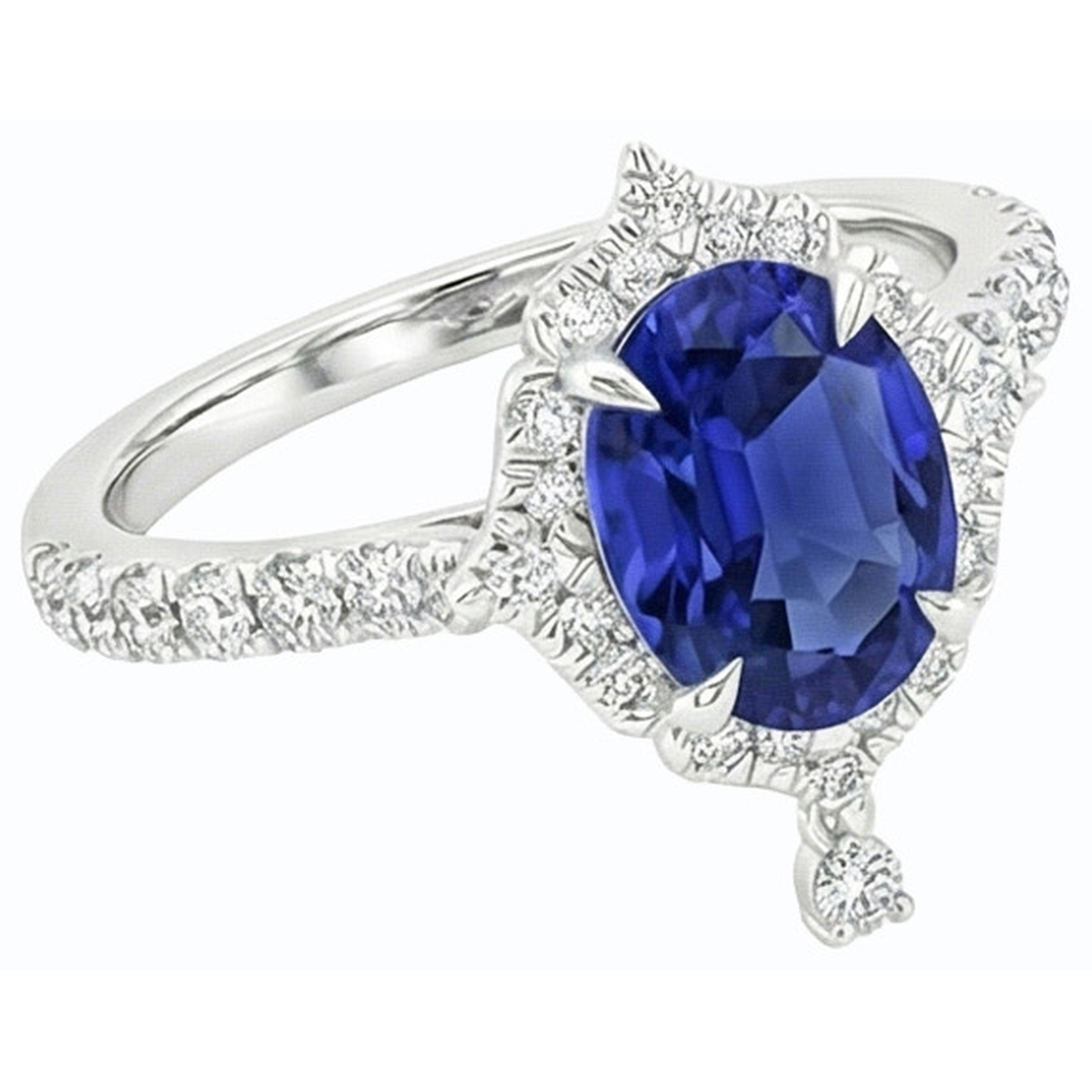 Natural Real ( Not Lab Grown )  Oval Cut Halo Ceylon Sapphire Engagement Ring 5.50 Carats White Gold