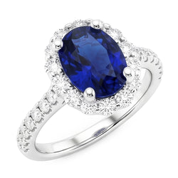 Natural Real ( Not Lab Grown )  Oval Deep Blue Sapphire Halo Wedding Ring 6 Carats White Gold