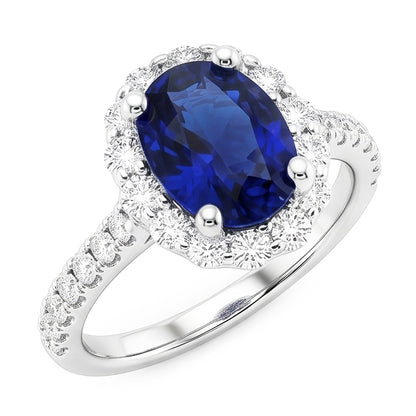 Natural Real ( Not Lab Grown )  Oval Deep Blue Sapphire Halo Wedding Ring 6 Carats White Gold