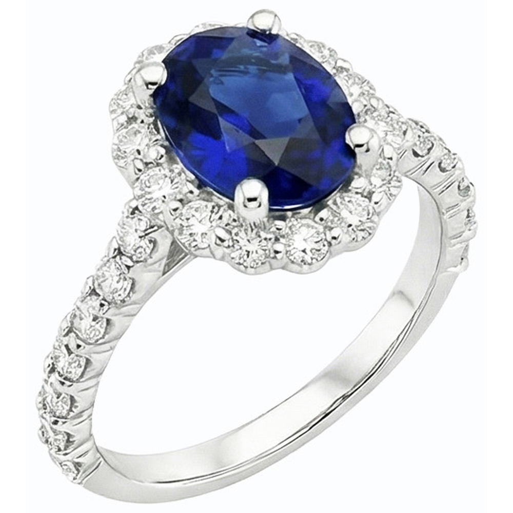Natural Real ( Not Lab Grown )  Oval Deep Blue Sapphire Halo Wedding Ring 6 Carats White Gold