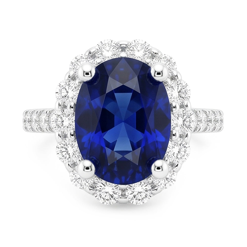 Natural Real ( Not Lab Grown )  Oval Deep Blue Sapphire Halo Wedding Ring 6 Carats White Gold