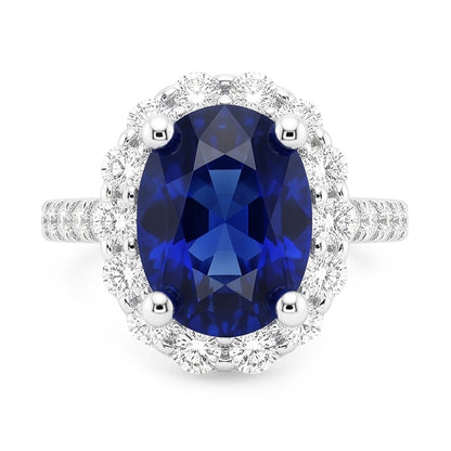 Natural Real ( Not Lab Grown )  Oval Deep Blue Sapphire Halo Wedding Ring 6 Carats White Gold