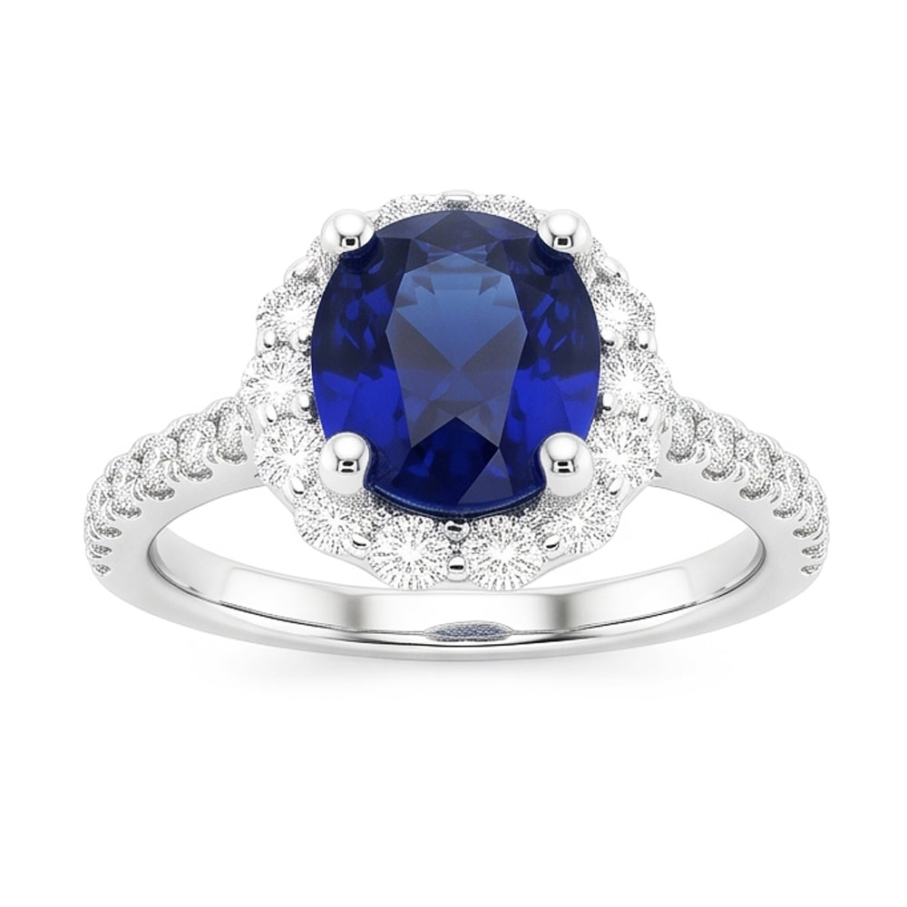 Natural Real ( Not Lab Grown )  Oval Deep Blue Sapphire Halo Wedding Ring 6 Carats White Gold