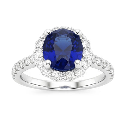 Natural Real ( Not Lab Grown )  Oval Deep Blue Sapphire Halo Wedding Ring 6 Carats White Gold