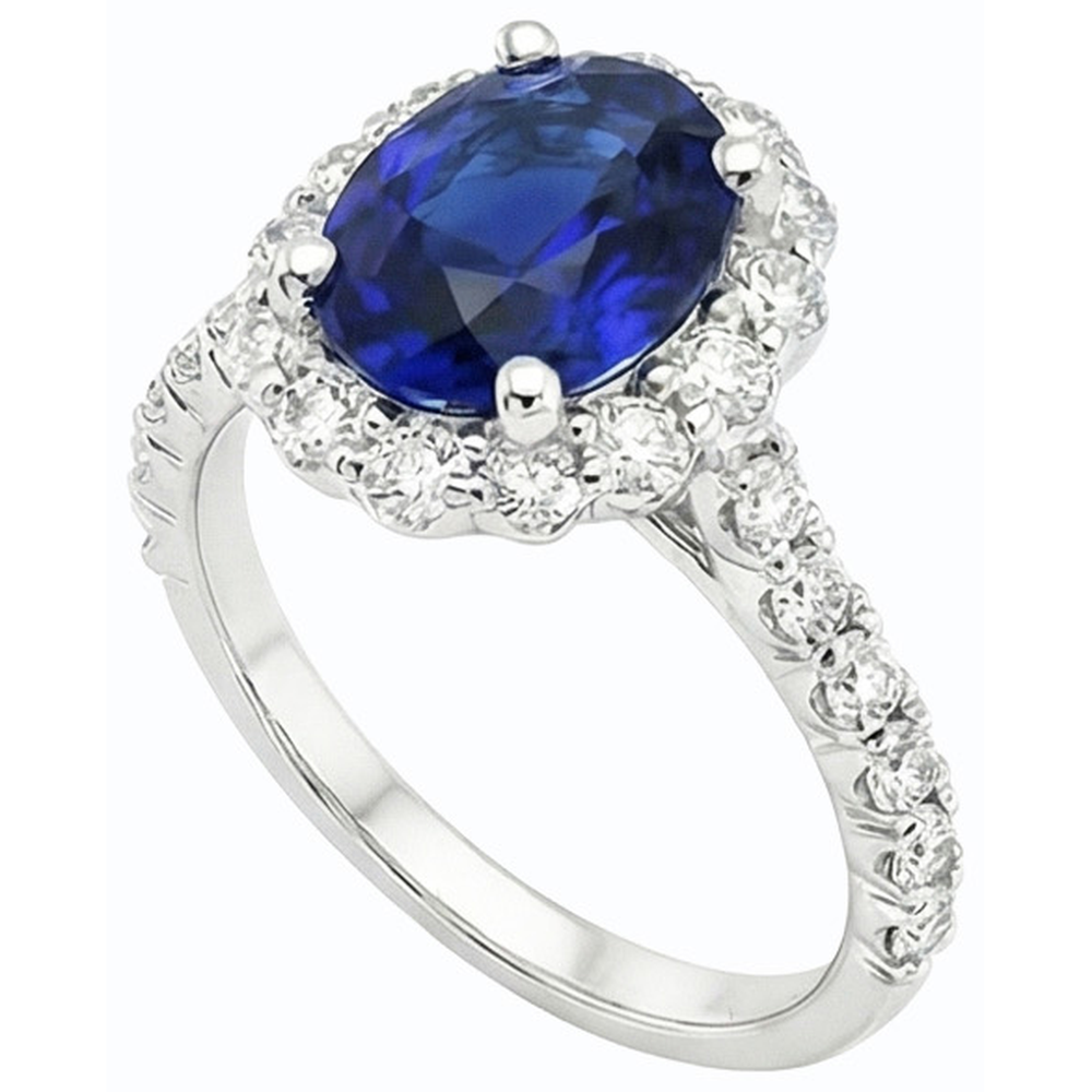 Natural Real ( Not Lab Grown )  Oval Deep Blue Sapphire Halo Wedding Ring 6 Carats White Gold